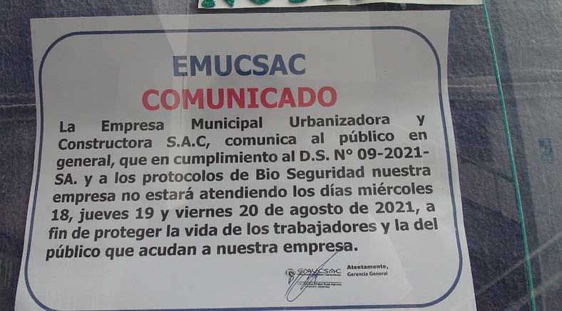 EMUCSAC cierra sus puertas por contagios de covi-19