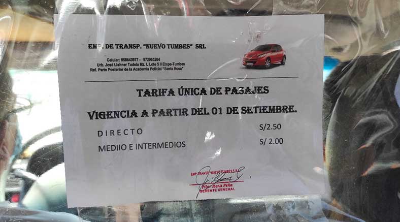 Transportistas de la ruta Tumbes – Andrés Araujo, aumentaron precio del pasaje